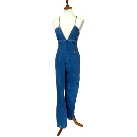 Revolve Jean Jumpsuit Flare Tie Back LARGE Jean Retro 70s More to Come $84 NEW - Picture 4 of 7